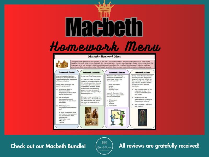 Macbeth - Homework Menu for Key Stage 3