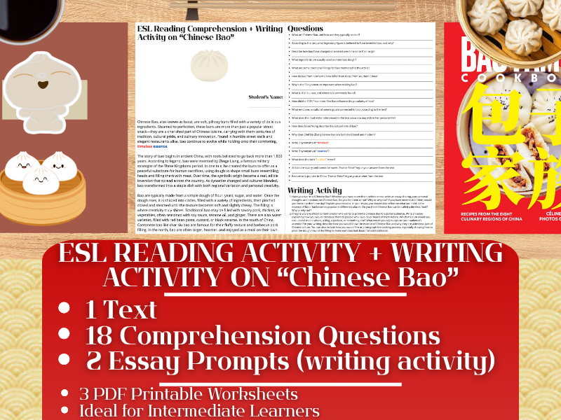 ESL Reading Comprehension + Writing Activity Worksheets on Chinese Bao