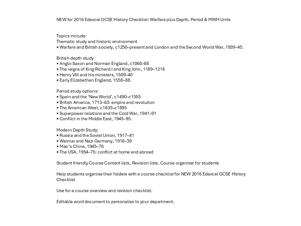 NEW for 2016 Edexcel GCSE History Checklist: Warfare plus Depth, Period & MWH Units