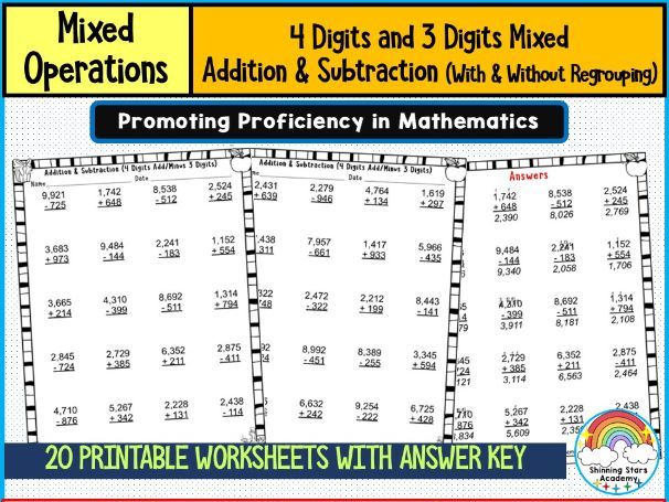 4-Digit and 3-Digit Mixed Addition & Subtraction (With & Without Regrouping) Worksheets | Multi-Digi