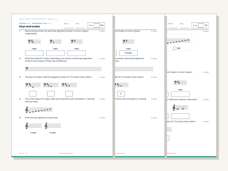 Grades 1–2 Music Theory Worksheets: Keys & Scales (20 Sheets + Answers)