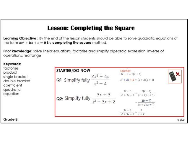 Completing the Square PP and Worksheet IGCSE/GCSE (1-9) with Answers