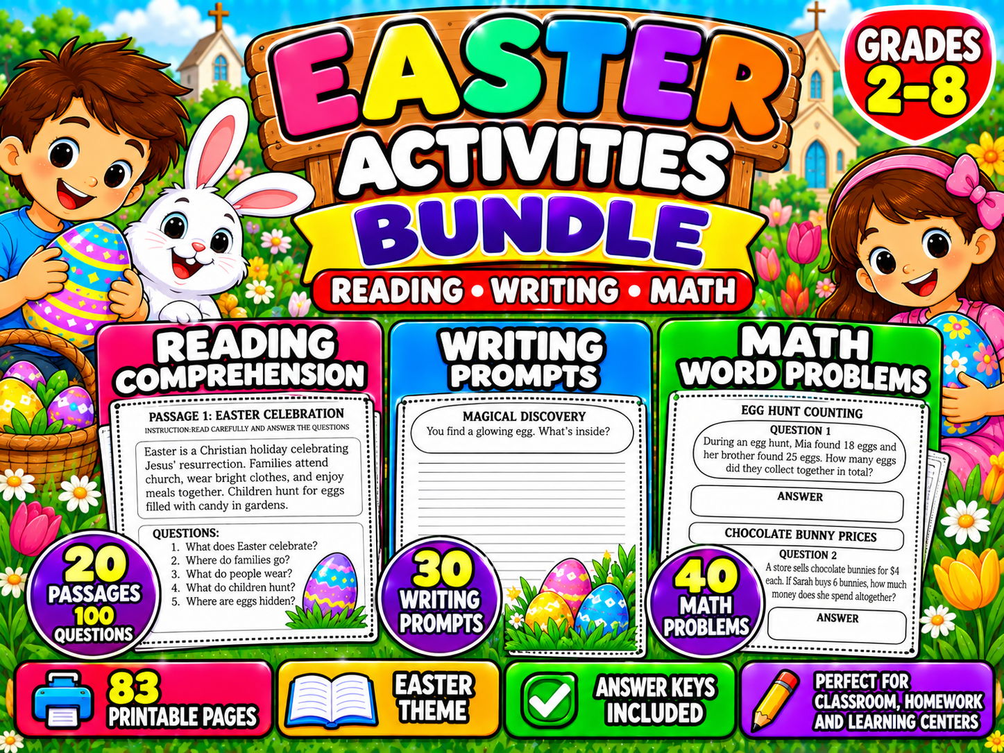 Easter Activities Bundle | Reading Comprehension, Writing Prompts and Math