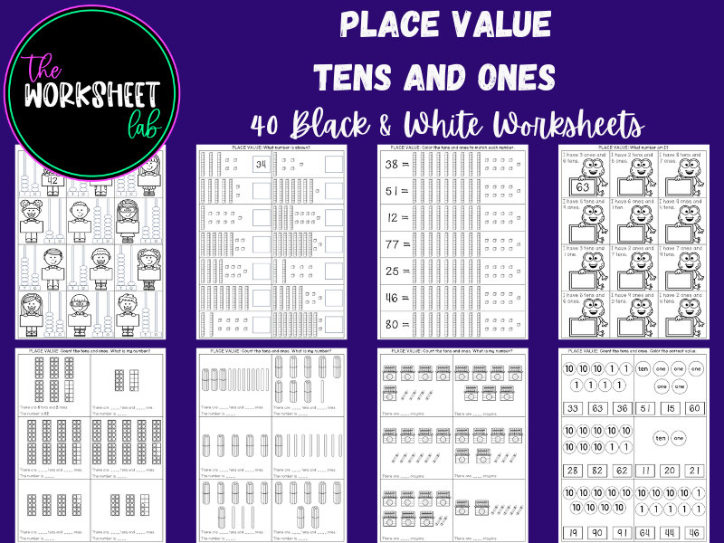 PLACE VALUE - Tens and Ones (up to 99) Worksheet in Black and White
