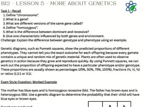 B12/L5 - More About Genetics Lesson Worksheet With Answers / GCSE / AQA/ Combined Science