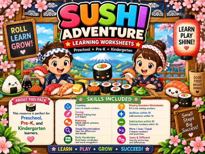 Sushi Worksheets for Preschool & Kindergarten | Counting, Tracing, Matching & Math Activities