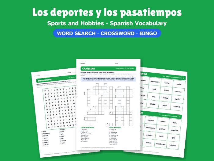 Sports and Hobbies in Spanish: Word Search, Crossword & Bingo