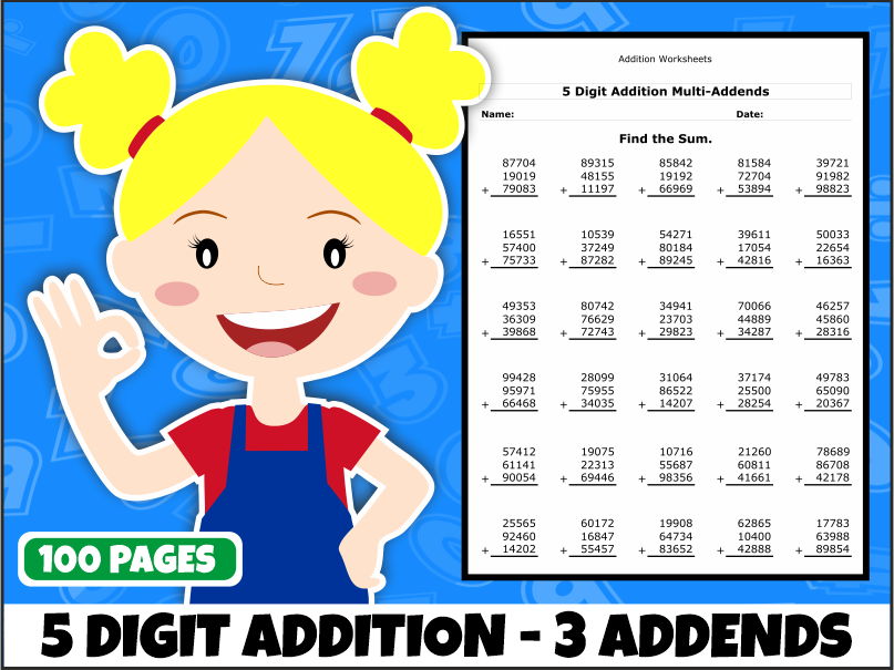 5-Digit Addition with Three Addends Worksheets | 200 Printable Worksheets | Year 5 Maths