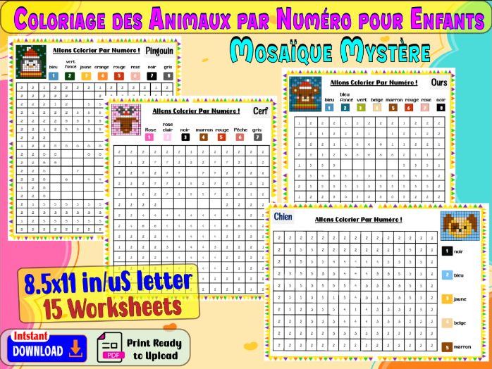Mosaïque Mystère : Coloriage des Animaux par Numéro pour Enfants
