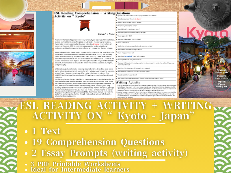 ESL Reading Comprehension + Writing Activity Worksheets on "Kyoto" - Japan
