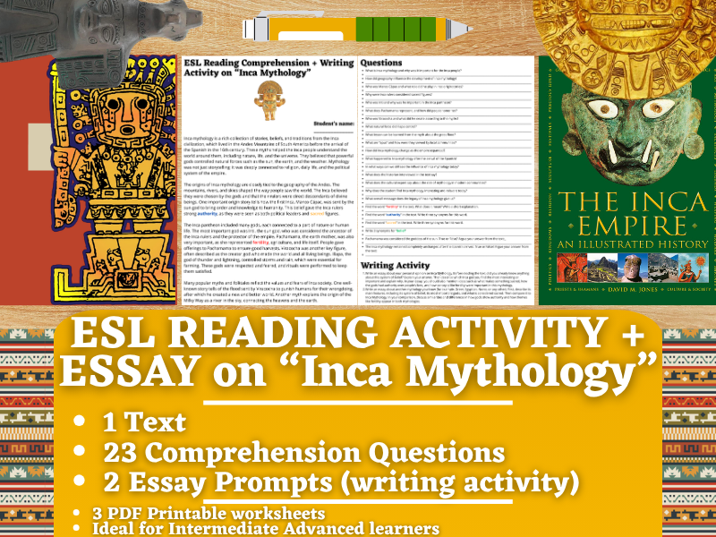 ESL Reading Comprehension + Writing Activity Worksheets on Inca Mythology