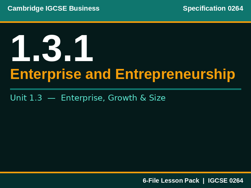 Cambridge IGCSE Business 0264 | 1.3.1 Enterprise and Entrepreneurship | Lesson Pack