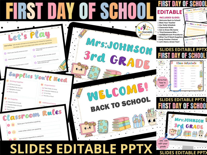 First Day of School Editable PPTX Slides | Back to School pastel theme templates