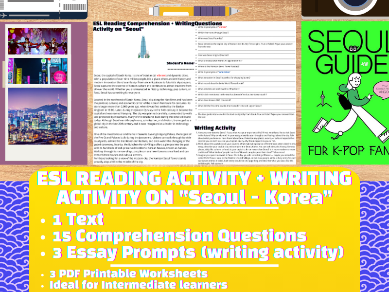 ESL Reading Comprehension + Writing Activity Worksheets on "Seoul" - Korea