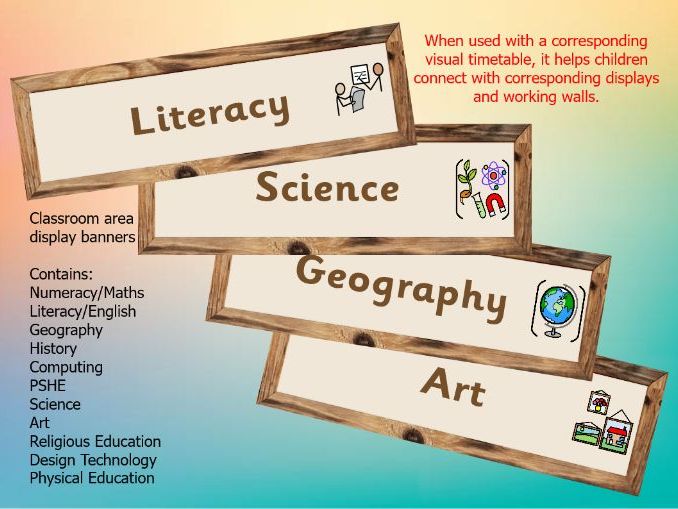 Classroom area subject banners with Widgit symbol
