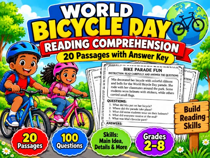 World Bicycle Day Reading Comprehension | 20 Passages with Answer Key