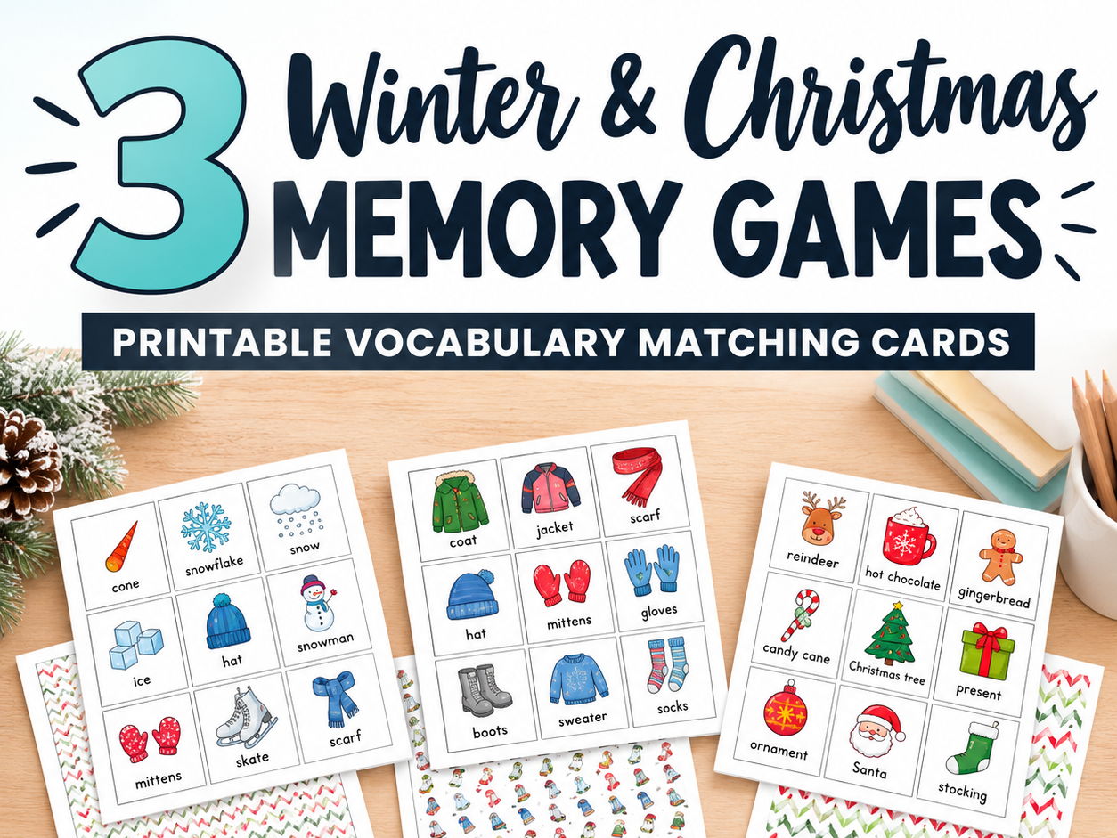 Winter & Christmas Memory Games BUNDLE | Vocabulary Matching Cards | ESL Activities