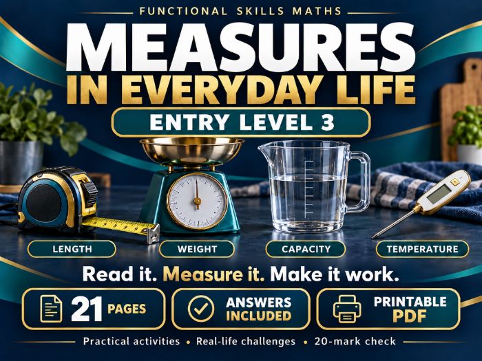 Functional Skills Maths Entry Level 3: Measures in Everyday Life Workbook, Sheets with Answers