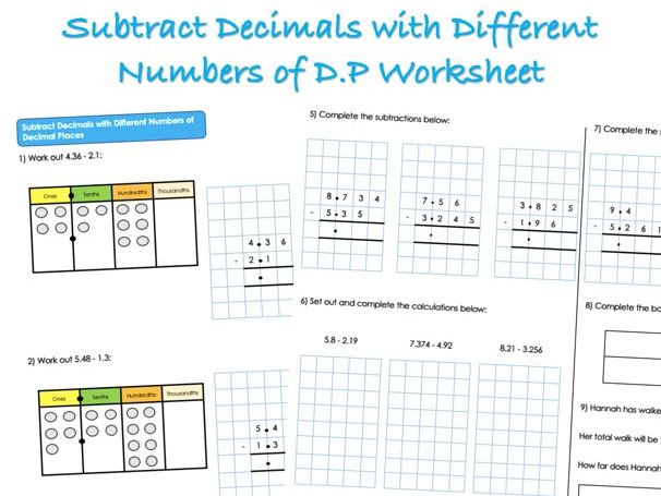 Decimals Worksheet - Subtract Decimals with Different Numbers of Decimal Places