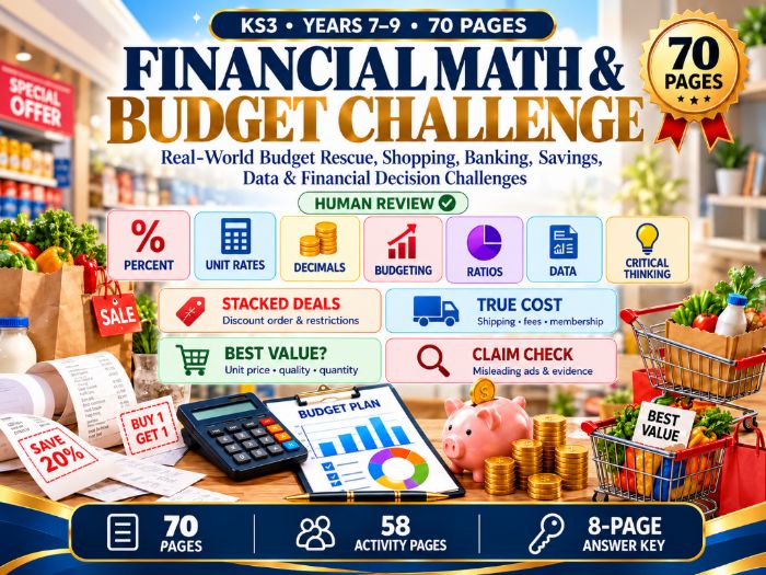 Financial Maths & Budget Challenge  KS3 Years 7–9  70-Page Maths Worksheets with Answers