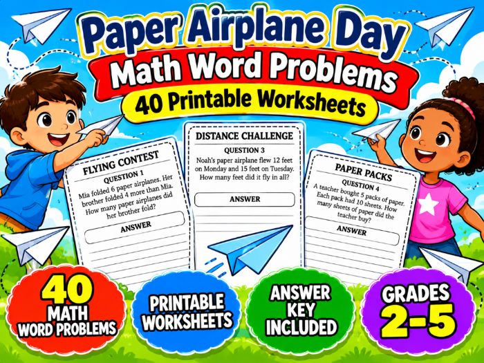 Paper Airplane Day Math Word Problems | 40 Printable Worksheets with Answer Key