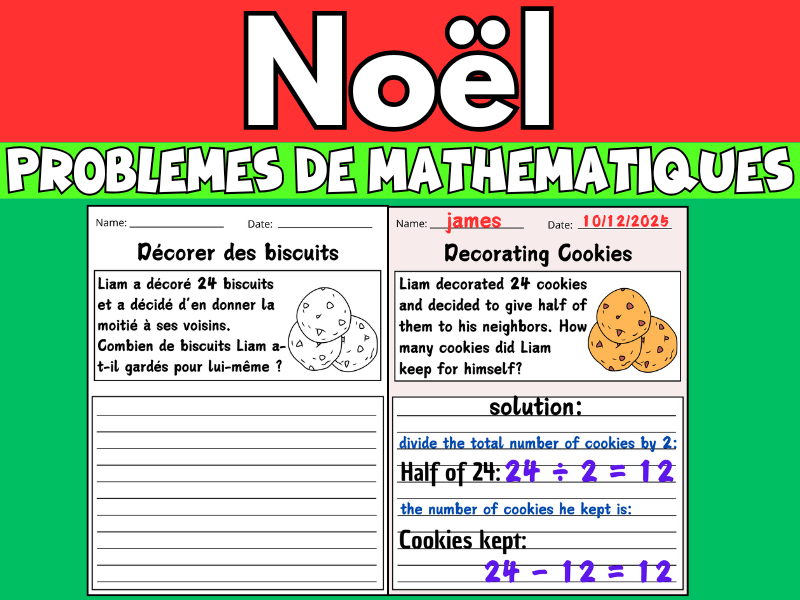 Noel - Christmas Math in French | Winter Math Word Problems Worksheet