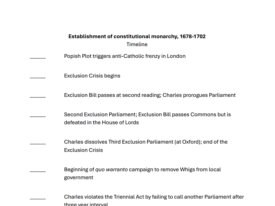 Key dates test - Establishment of a constitutional monarchy 1678-1702 (AQA A-level history Unit 1D)