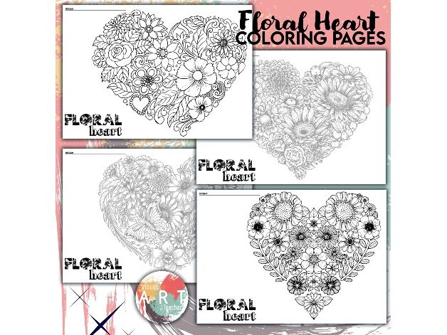 Floral Heart Coloring Pages & Line Art Set