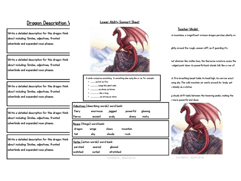 Dragon Description Writing Activity | KS2 (Years 4–6) Similes, Adjectives, Fronted Adverbs, Nouns