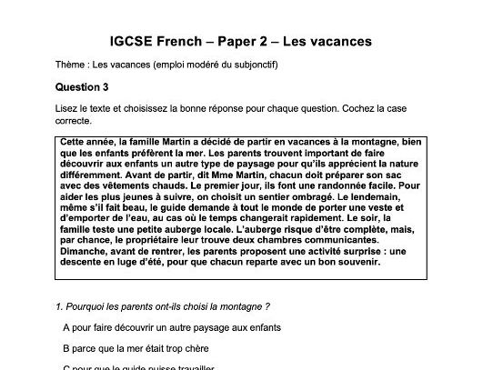 Cambridge IGCSE French Exam preparation pack : Les vacances + Subjunctive