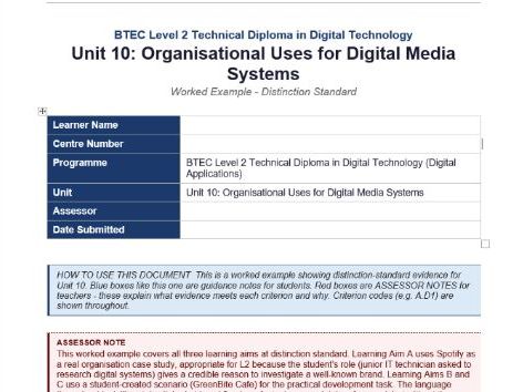 BTEC L2 Tech Dip - Unit 10 Digital Media Systems - Distinction Worked Example with Assessor Notes