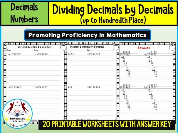 Dividing Decimals by Decimals up to Hundredths Worksheets Math Problems