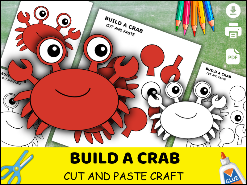Crab Craft for Kids | Ocean Animal Cut and Paste Activity | Summer Beach Printable Worksheet PDF