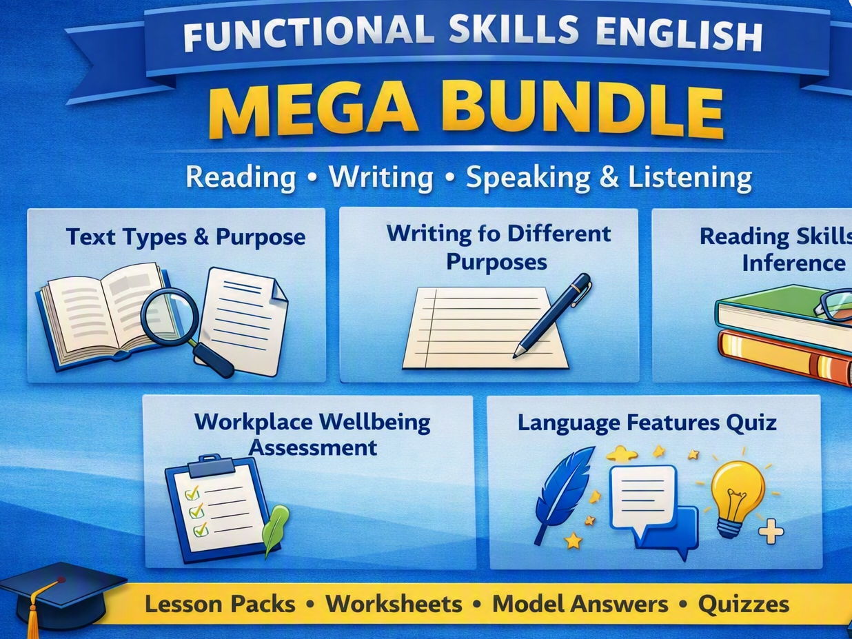 Functional Skills English Bundle – Reading, Writing & Speaking/Listening | Text Types, Purpose, Audience, Workplace Documents & Language Features (5‑Resource Pack)