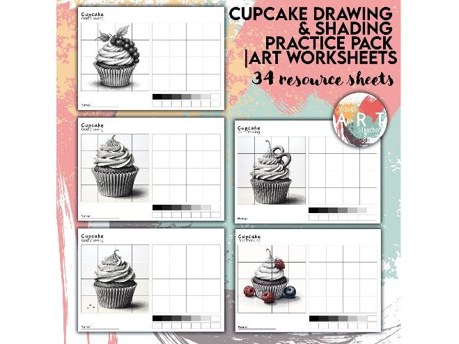 Cupcake Grid Drawing & Shading Practice Pack | Art Worksheets