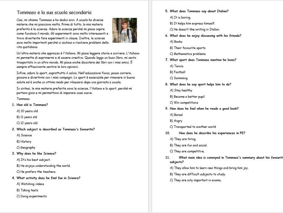 Italian - Favourite school subjects - Tommaso e la sua scuola  - Reading / Listening practice