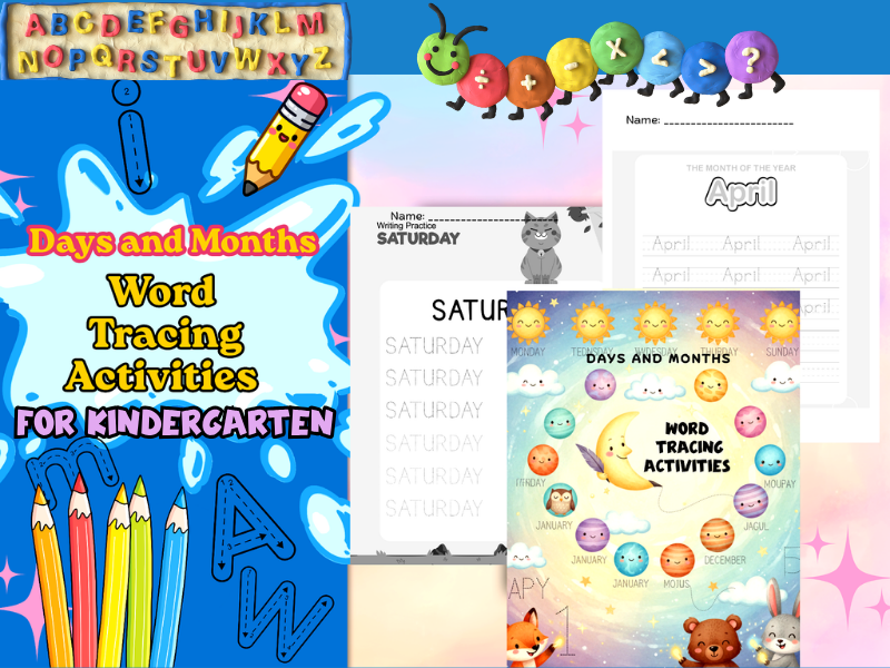 Days and Months Tracing and Activity Worksheets for Kindergarten – Handwriting, Cursive