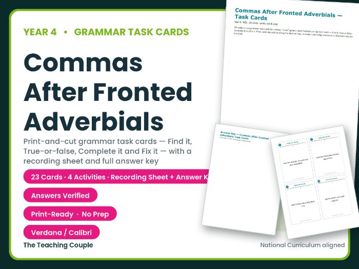 Year 4 Commas After Fronted Adverbials Grammar Task Cards + Answer Key