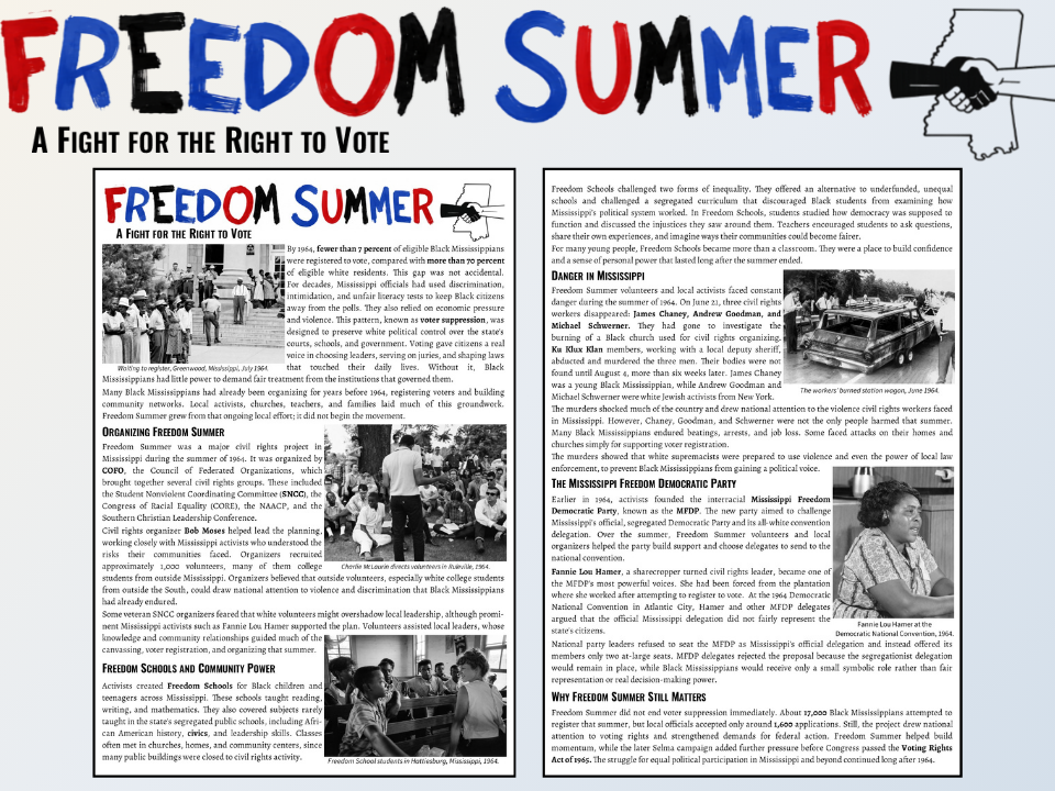 Freedom Summer 1964 Reading Worksheets