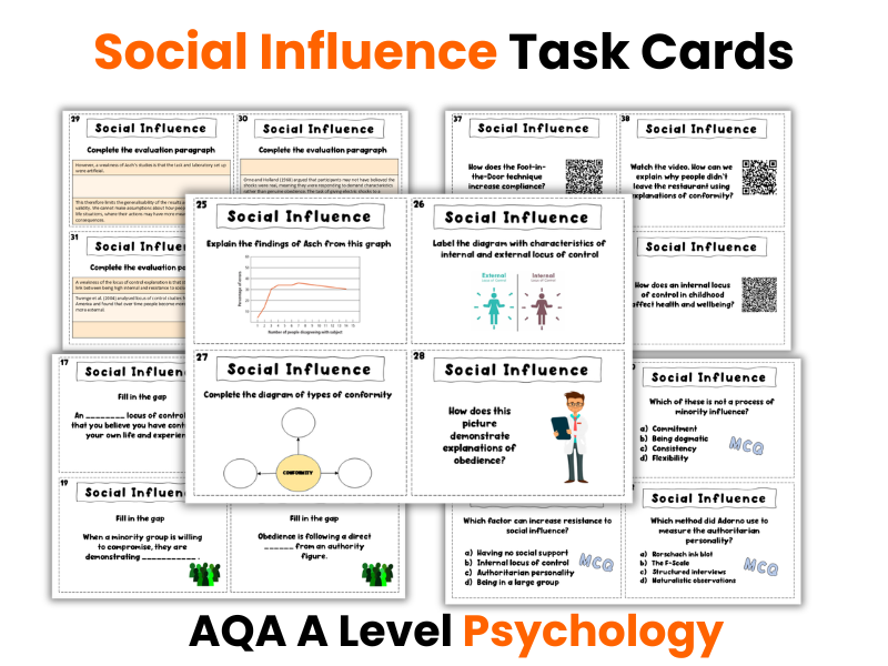 Social Influence Revision Activity: Task Cards A Level Psychology (AQA)