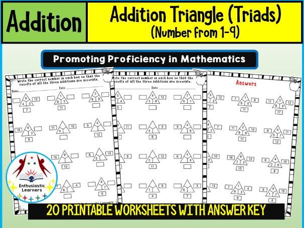 Addition Triangle (Triads) Worksheets (1–9) – Beginner Level Math Problems