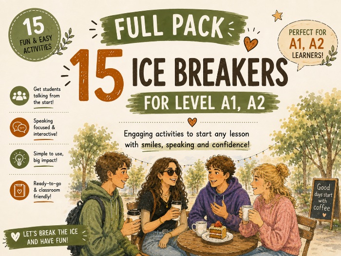 15 Ice Breakers for A1–A2 ESL | Speaking & Grammar Activities | Full Pack