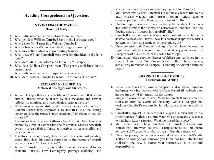 A Pursuit Race by Ernest Hemingway with Reading Comprehension Questions