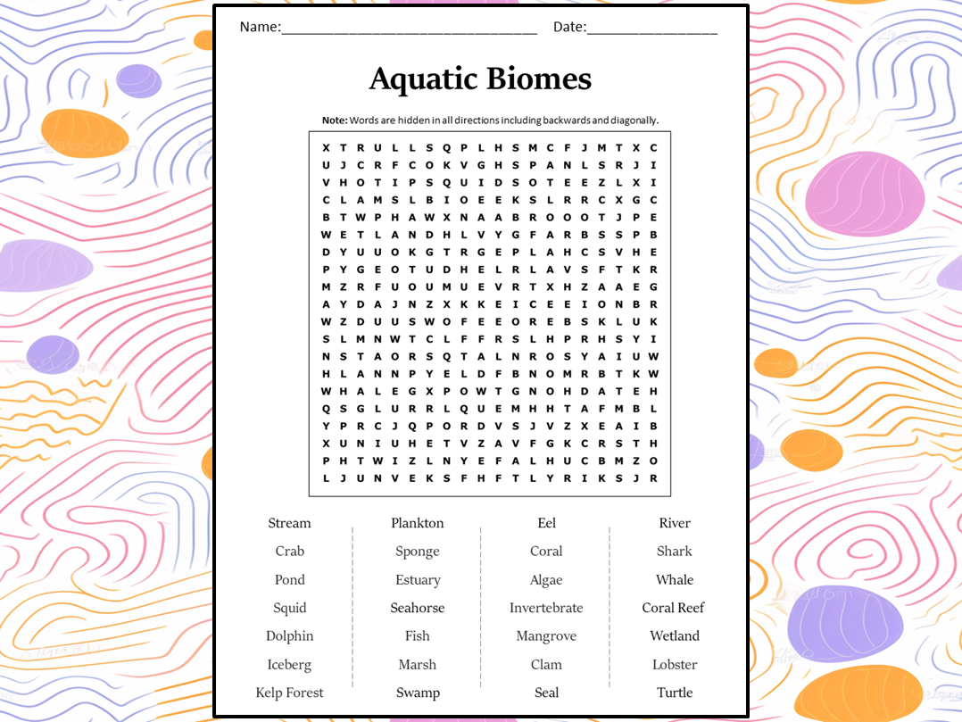 Aquatic Biomes Word Search Puzzle Worksheet Activity Teaching Resources