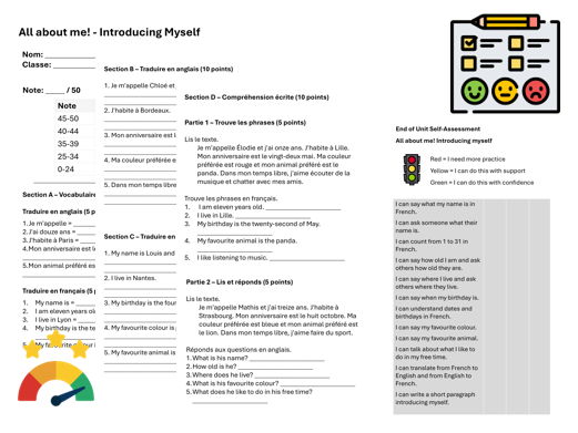 All about me! Introducing myself (French) – Assessment, Mark Scheme & Self Assessment