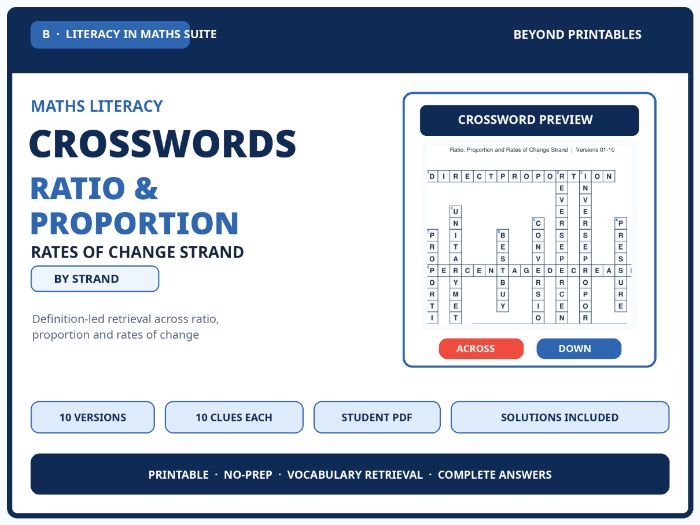 Ratio, Proportion and Rates of Change Maths Crosswords | 10 Puzzles with Solutions