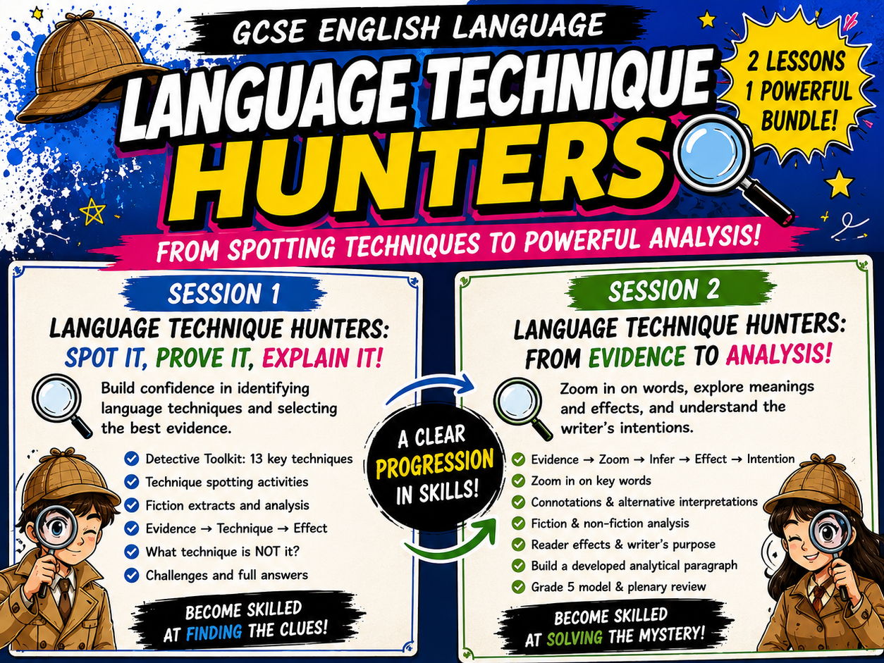 GCSE English Language – Language Technique Hunters Bundle | Identifying & Analysing Language | Sessions 1 & 2