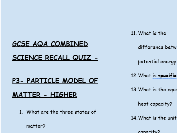 GCSE Physics P3 Particle Model of Matter – 30 Higher Retrieval Questions | AQA | + Answers