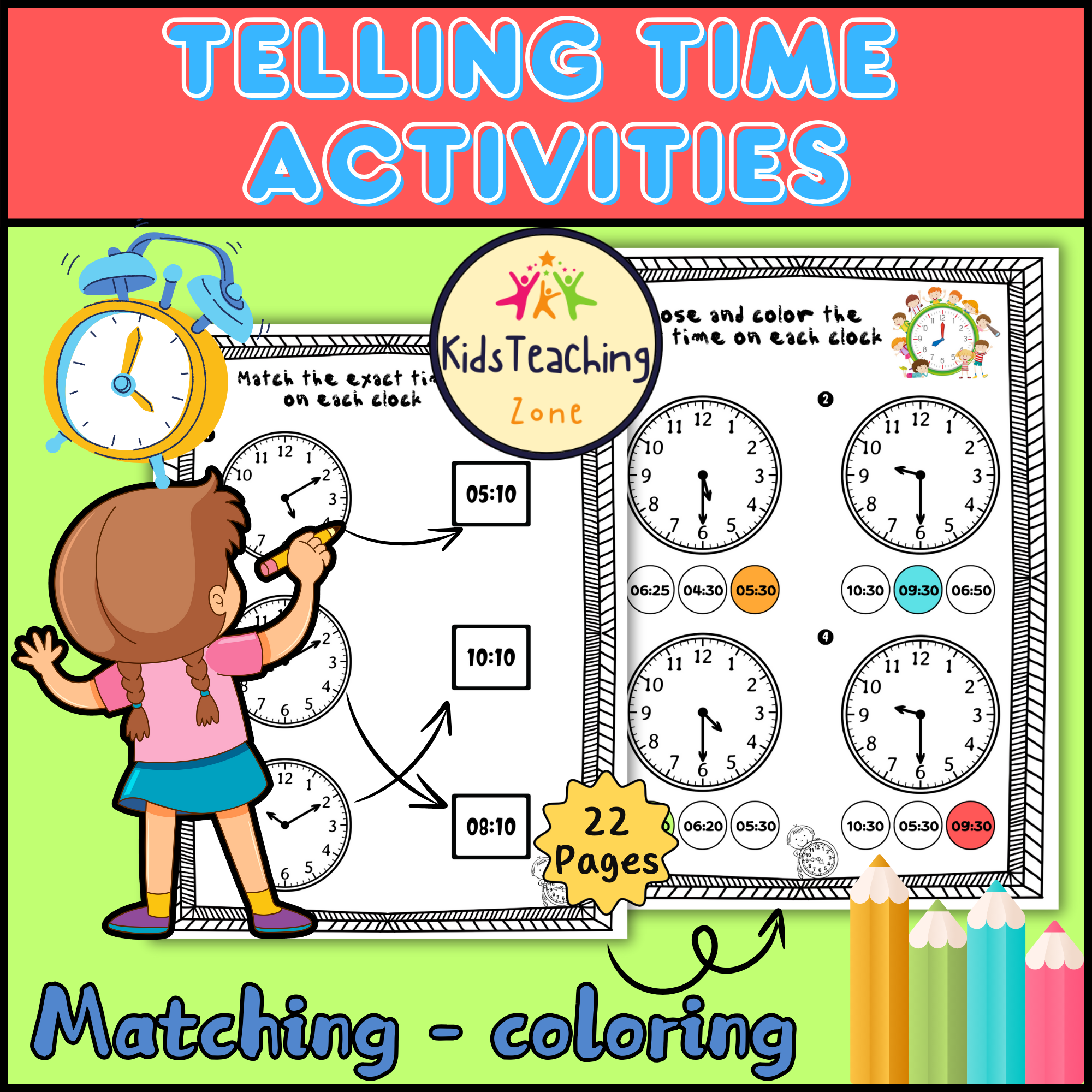 Telling Time Worksheets, Match & Color the correct time Teaching