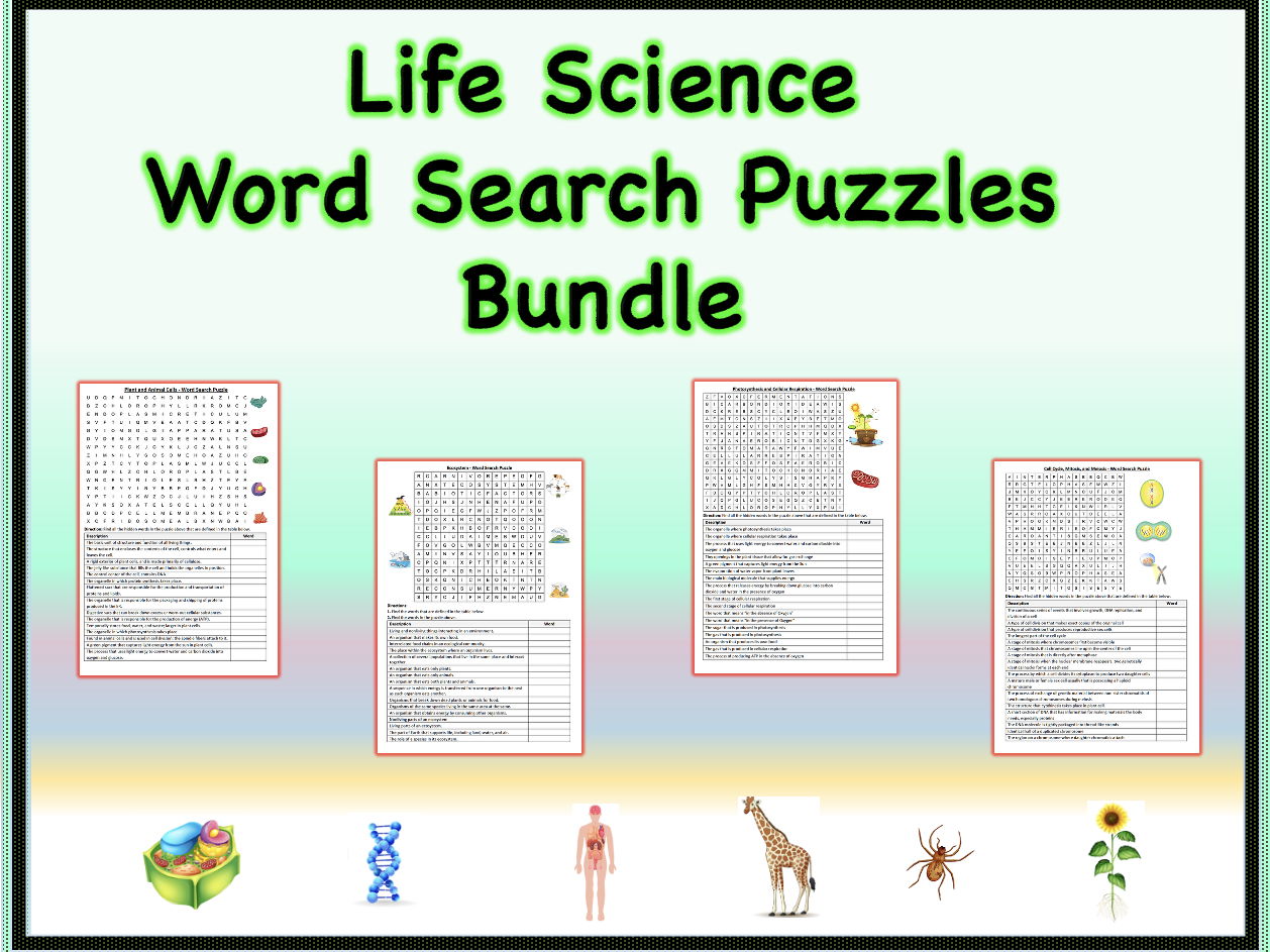 Life Science - Word Search Puzzles, PDFs: Cell, Genetics, Human Body, Ecosystems